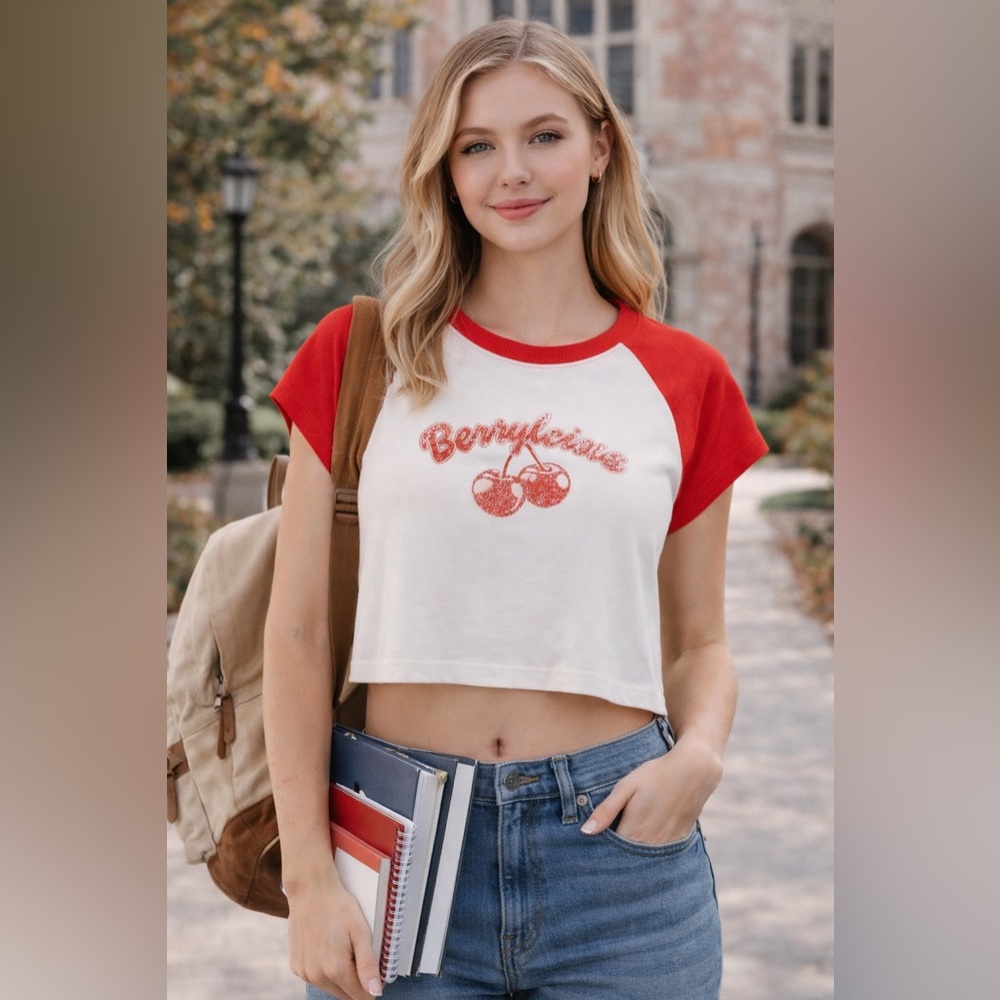 H&M Divided Red/Cherries Printed Crop Top Size XS
